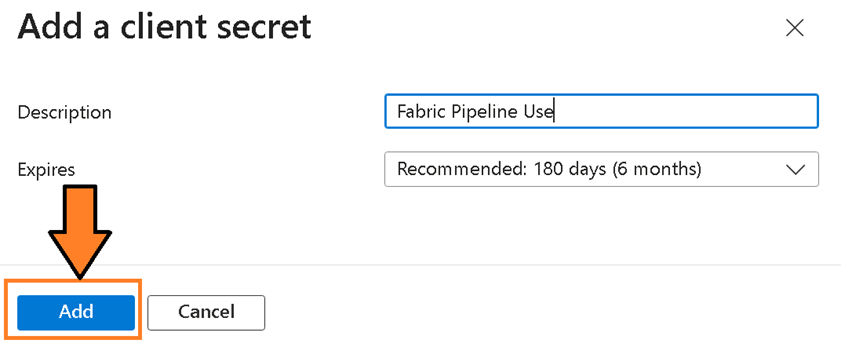 an image showing how to Add a client secret panel with name and expiration fields