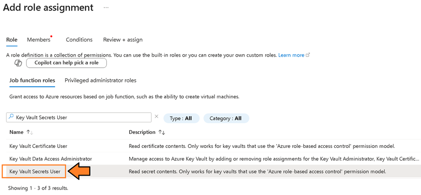 Image showing Key Vault Secrets User role selected on the Role tab