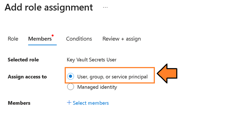 image showing Members tab with “User, group, or service principal” selected
