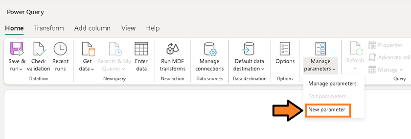 Image showing the Manage parameters menu path to create a new parameter