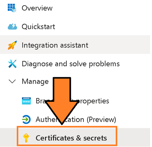 Image showing Certificates and Secrets tab for the app registration