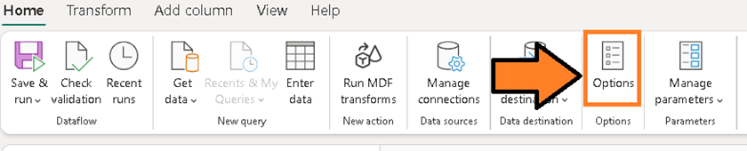 Image showing the Home tab Options menu location