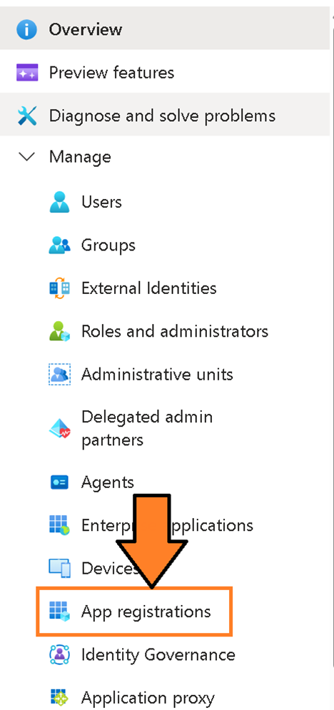 an image showing the App registrations option under the Manage section in Microsoft Entra