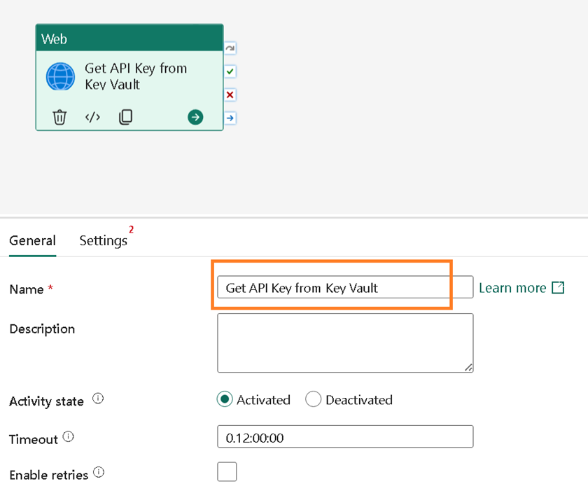 Image showing the Web activity renamed with a descriptive name