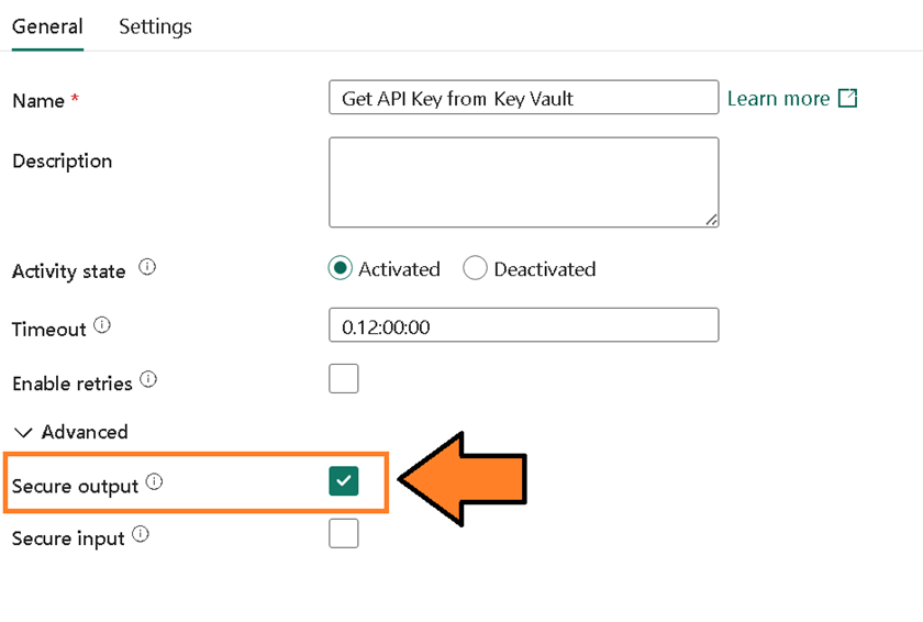 image showing the Secure Output checkbox enabled under the Advanced section