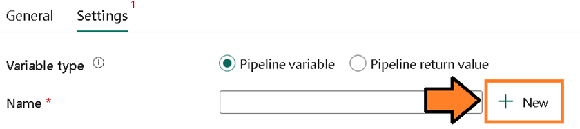 + New button under the Set Variable activity’s Settings tab