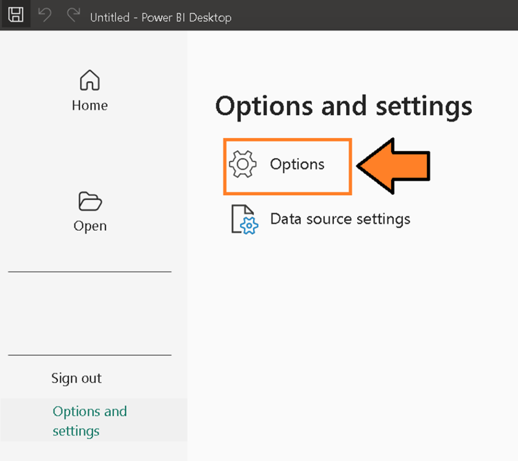 Opening the Options dialog in Power BI Desktop.