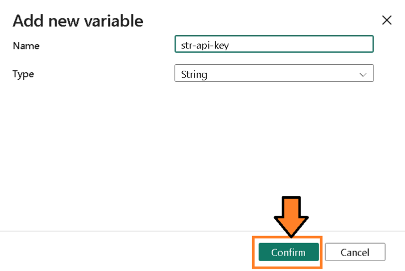 The “Add new variable” popup with the string type selected