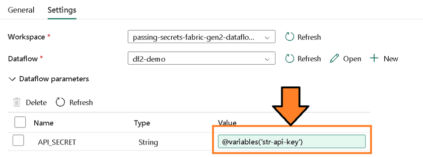 Dataflow parameter value mapped to the pipeline variable