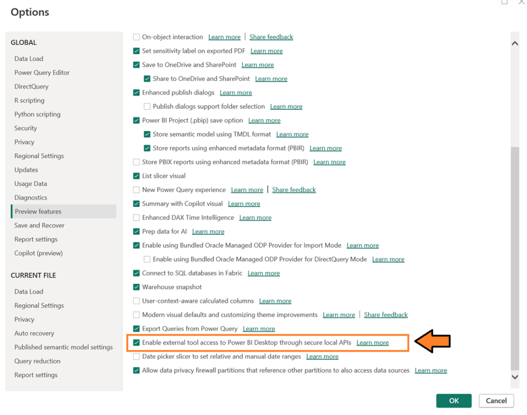Enabling the Power BI Desktop Bridge in Preview Features.