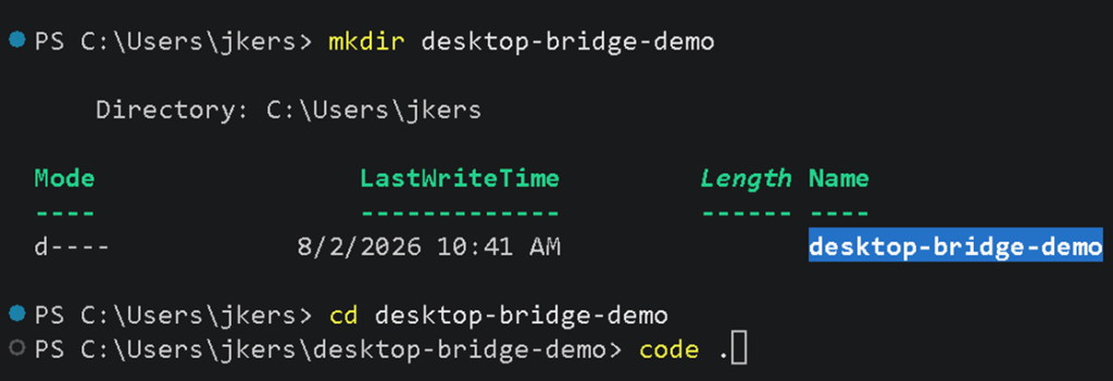 Creating the workspace folder and opening it in Visual Studio Code.