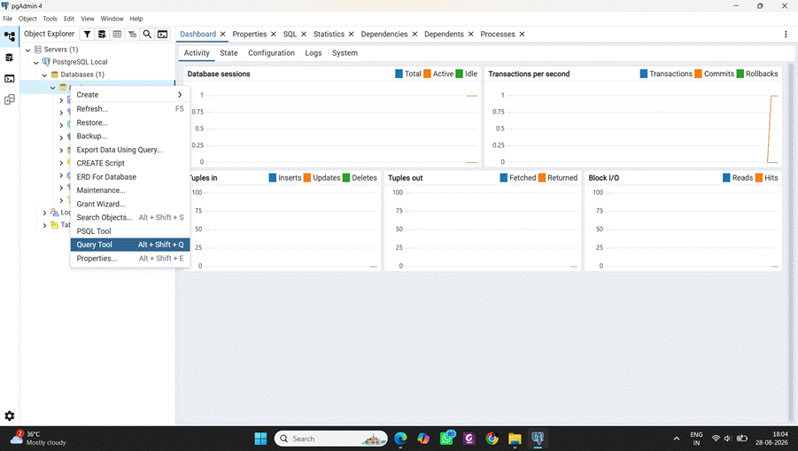 an image showing how to create the SQL query session under the PostgreSQL Local server.