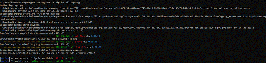 Image showing the output once psycopg has installed.