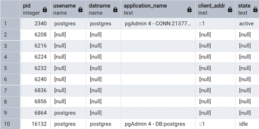 Image showing the query output: displaying the active PostgreSQL sessions. Since you now have 10 active sessions, it shows the process ID, username, database, application name, client address, and connection state for all of them.