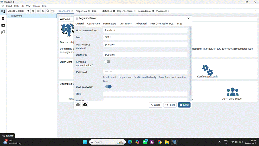 an image showing use of the password you created when installing PostgreSQL.