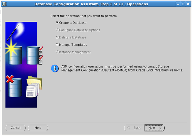 Screenshot: choose the right template for the database creation