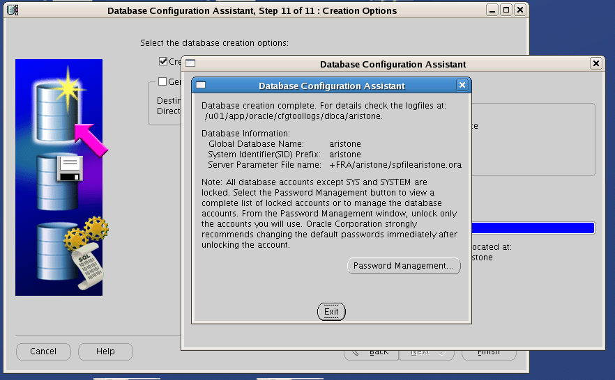 Screenshot: Oracle RAC One Node database creation finished