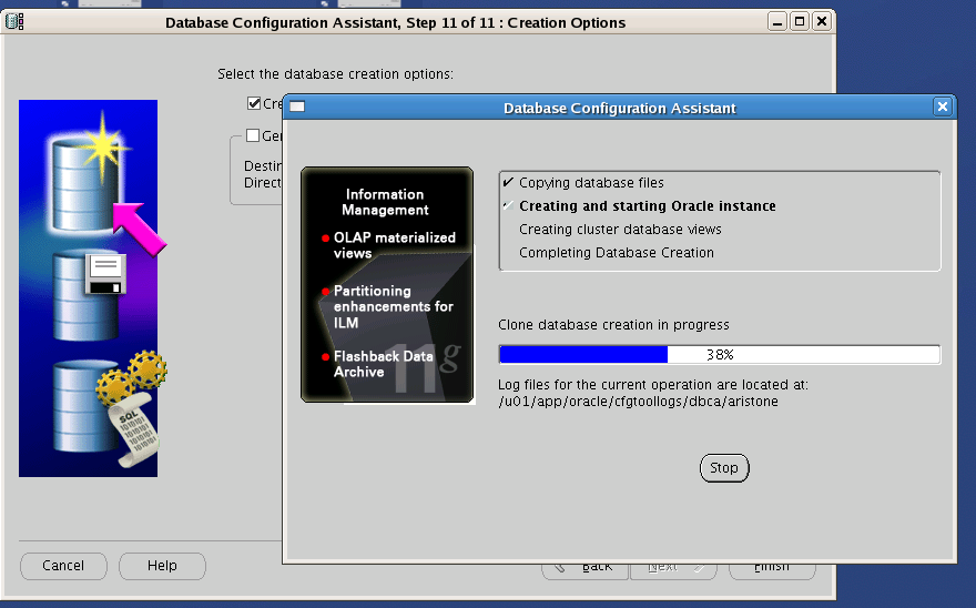 Screenshot: Oracle RAC One Node database creation progress