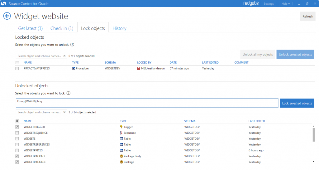 Screenshot: Locking objects on a shared oracle database