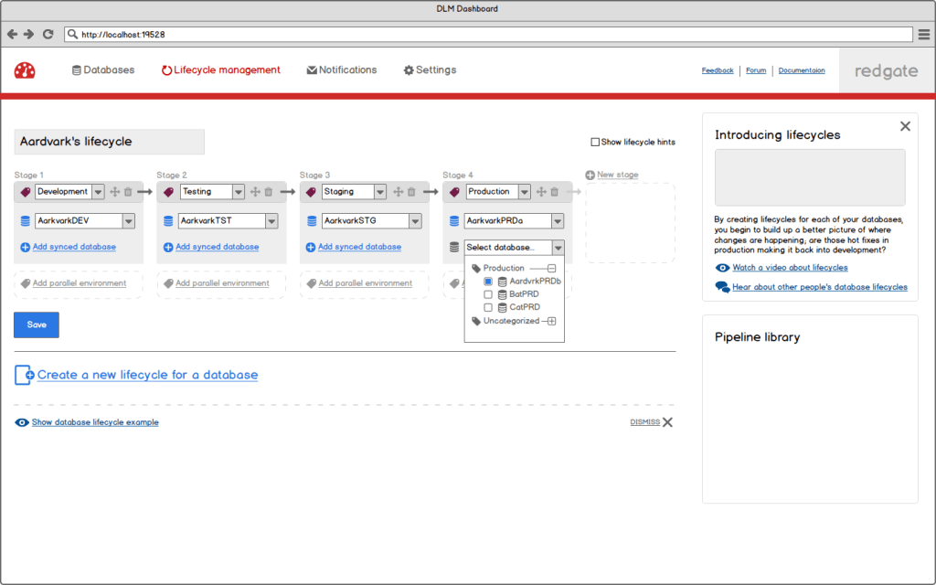 A wireframe showing early ideas of how to organize databases into groups and lifecycles