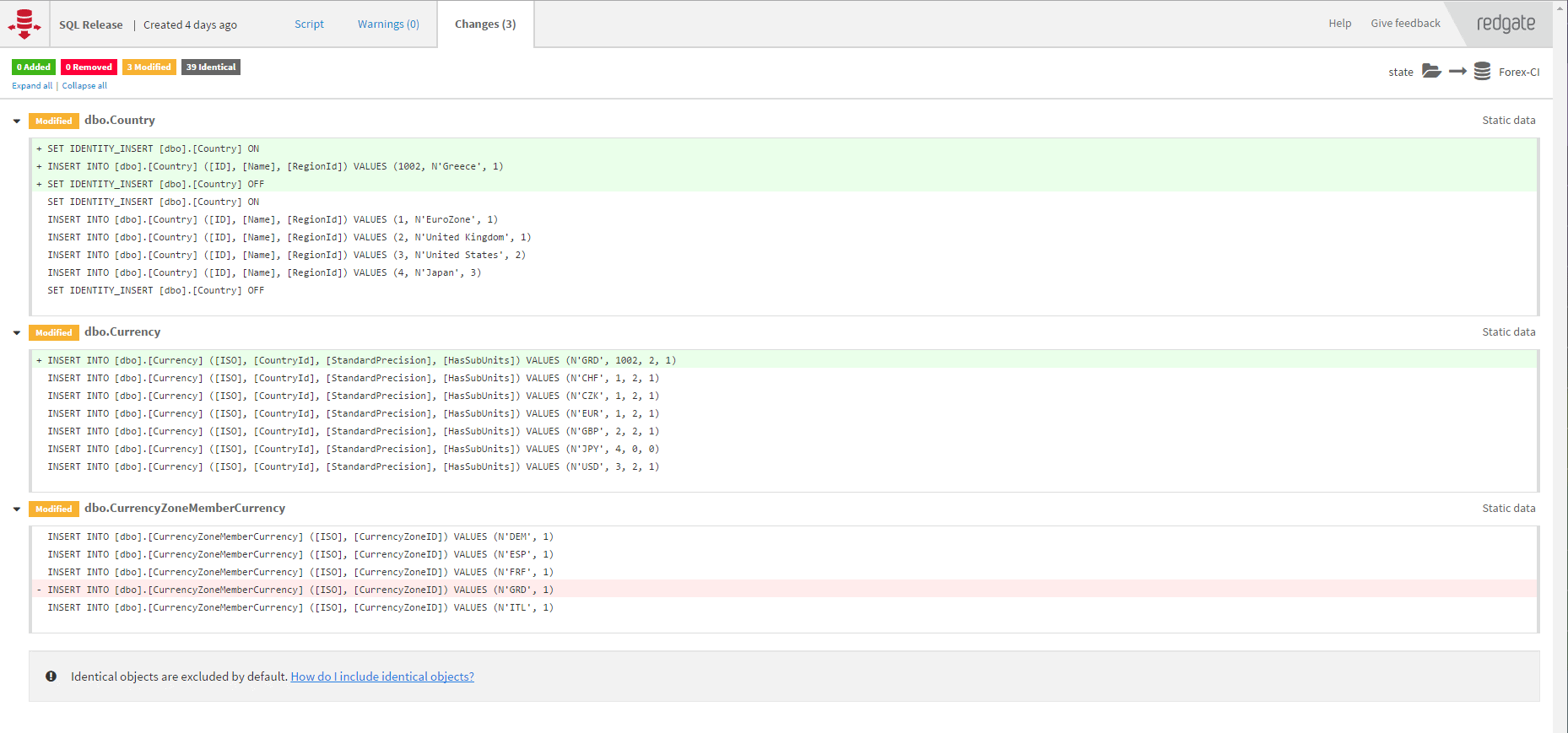 Data change diff report