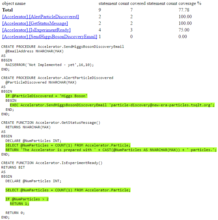 sample SQL Cover code coverage coverage output