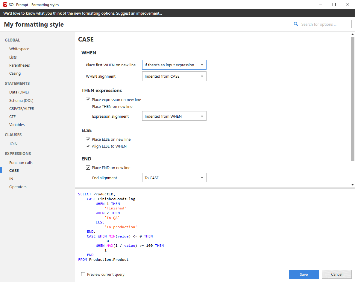 How to customize your formatting styles with SQL Prompt Pro