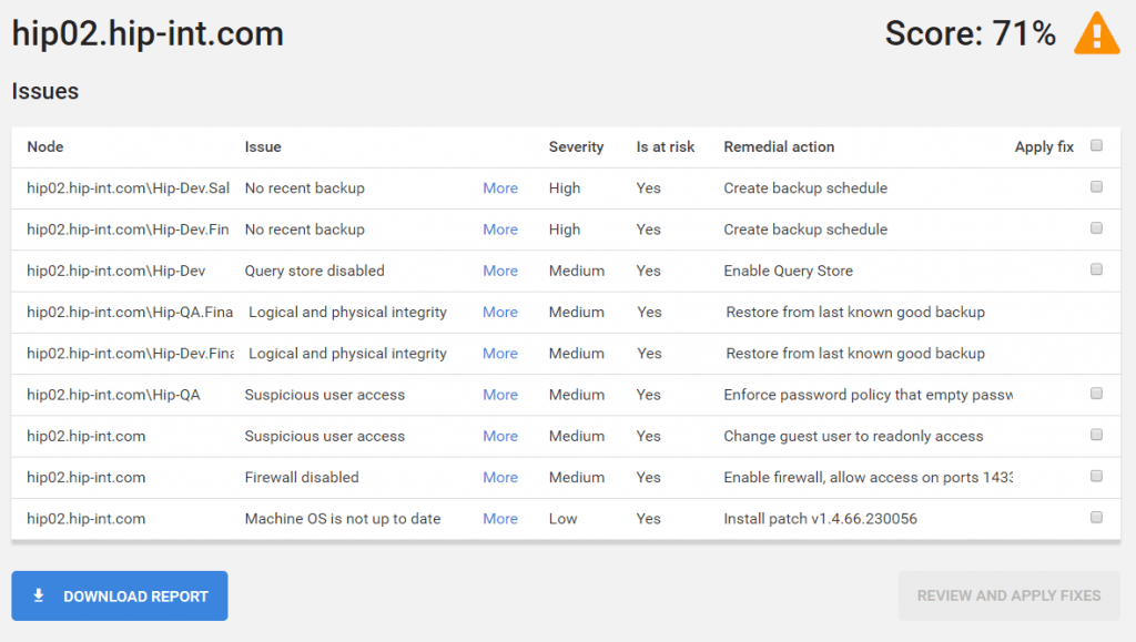 UI for detecting server config that impacts compliance