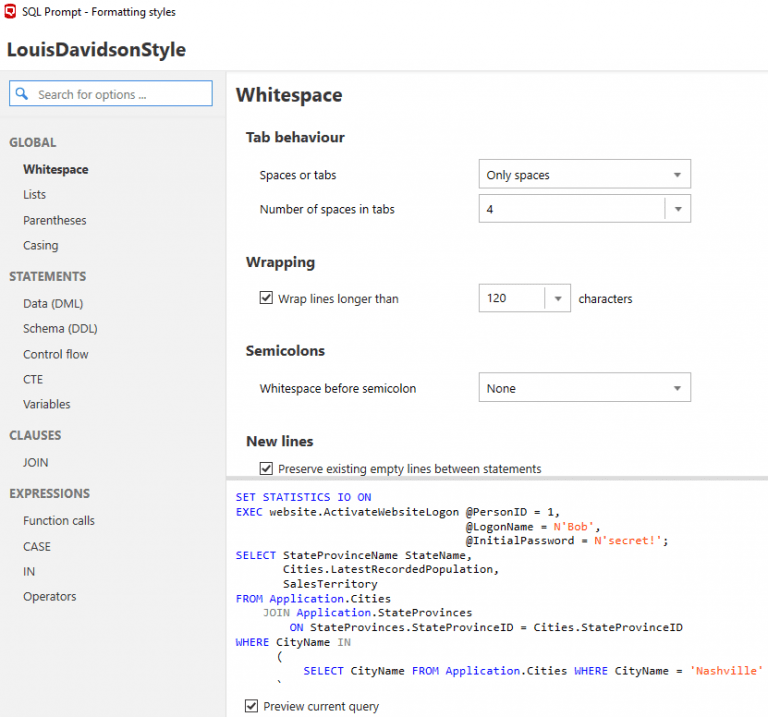 The Louis Davidson custom style for SQL Prompt