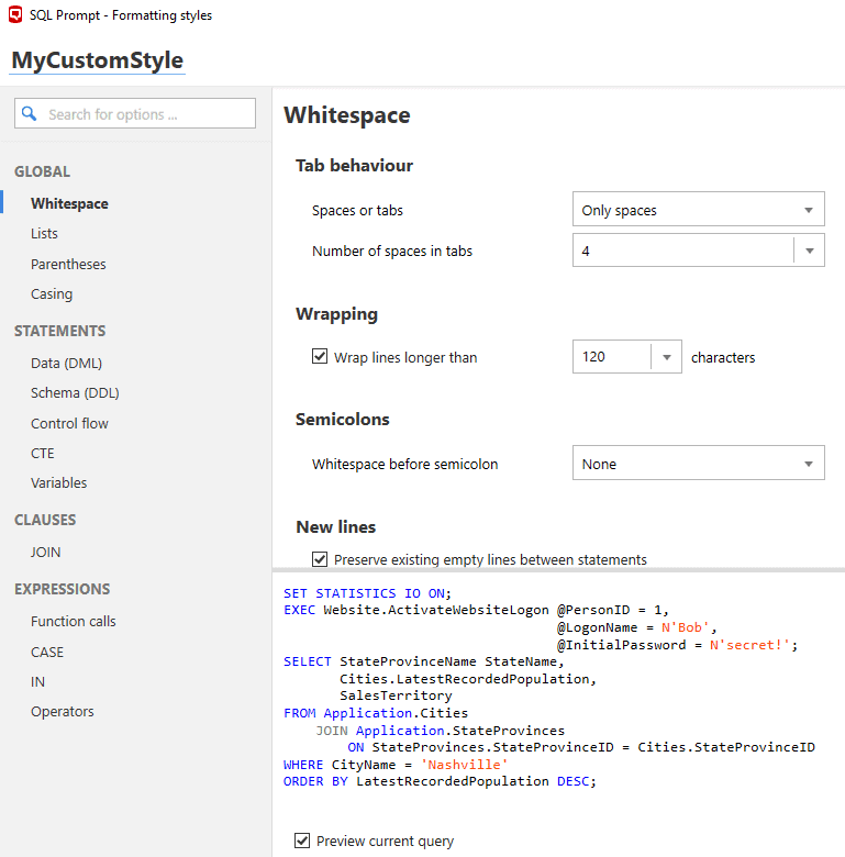 SQL Prompt formatting styles 3