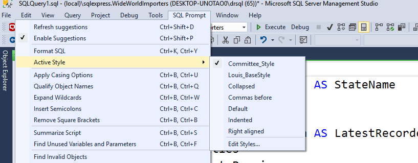 Using multiple custom SQL formatting styles in SQL Prompt