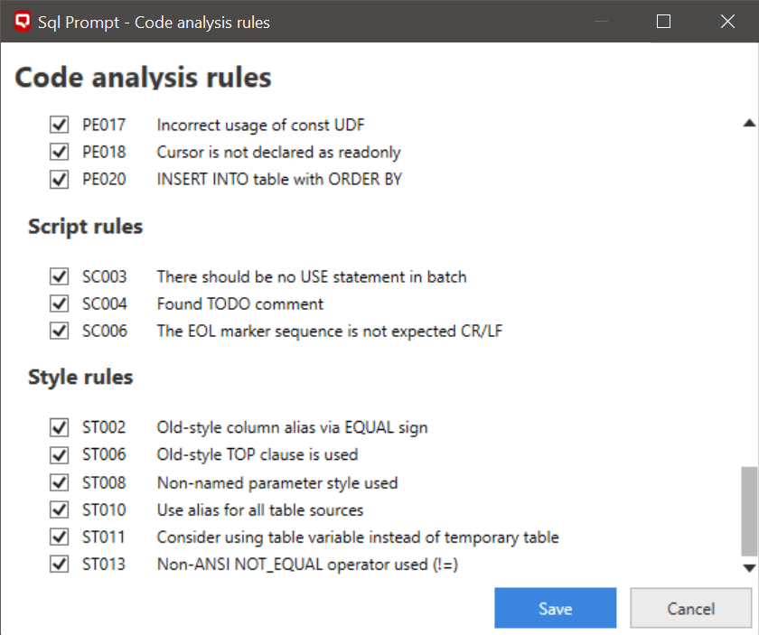 SQL Prompt - Code Analysis Rules Screenshot