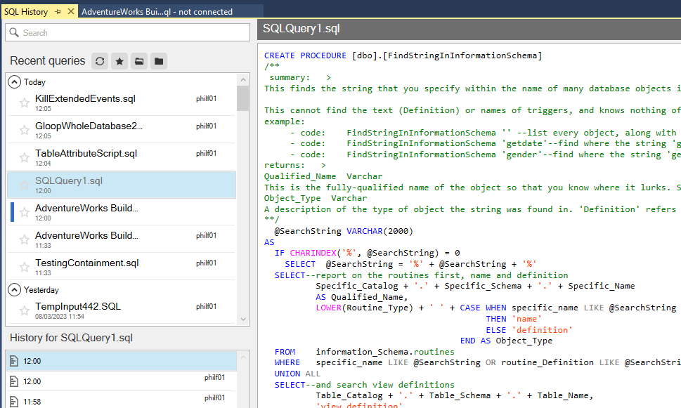 SQL Prompt Safety Net Features for SSMS: SQL History | Redgate