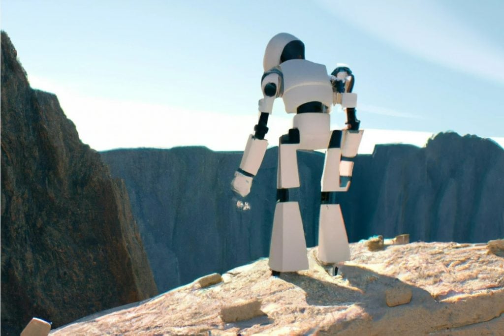 GitHub Copilot article image of a robot standing at a cliff edge