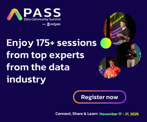 Promo banner for PASS 2025 registration. Text: 'Enjoy 175 sessions from top experts from the data industry. Register now.'