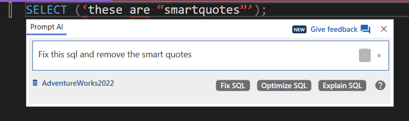 Fix smart quotes with SQL Prompt AI